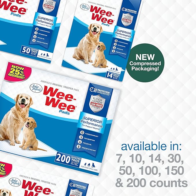 Four Paws Wee-Wee Superior Performance Unscented Pee Pads for Dogs & Puppies, Quilted Leak-Proof Dog Housebreaking Potty Training Floor Protection, 22" x 23", 50 Count