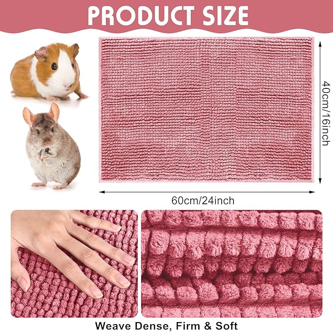 Amylove 4 Pcs Guinea Pig Cage Liner Guinea Pig Bedding Dog Door Mat for Muddy Pet Paws Washable Chenille Pee Pads Small Animal Sleeping Bed for Bunny Hamster(16 x 24 Inch,Rectangular,Green Pink)
