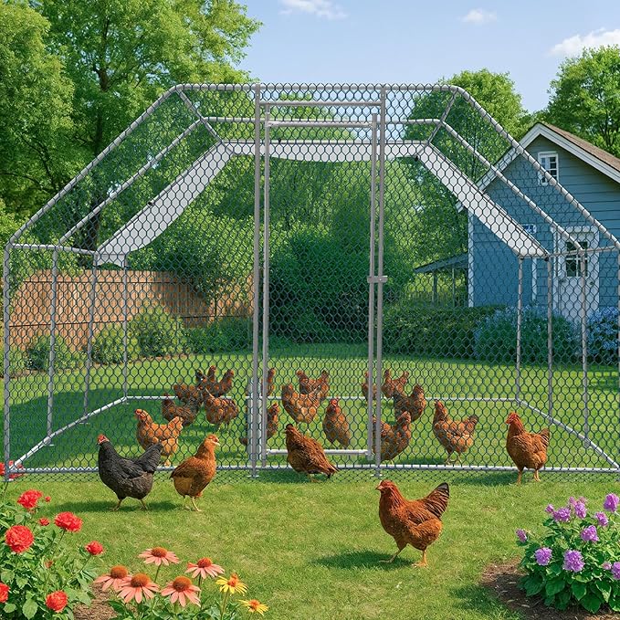 VINGLI Chicken Coop, 19.7 * 9.8 * 6.5 ft Large Metal Poultry Cage for Chicken Run, Walk-in Chicken Pen with Waterproof & Anti-UV Cover for Yard Outdoor (Silver-Flat Roof)