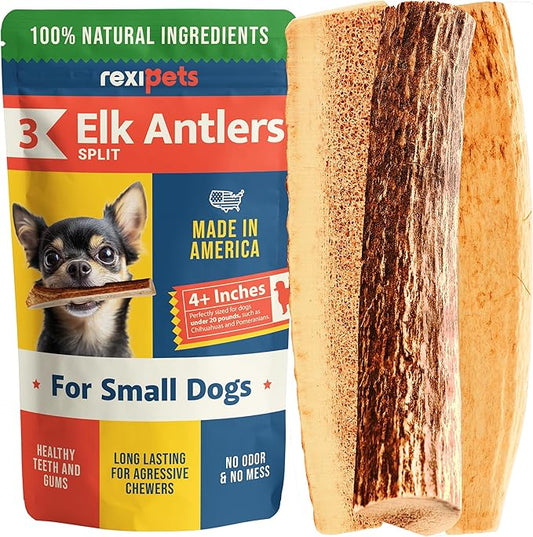 100% Natural - Split Antlers for Dogs ( 3pack ) - Naturally Shed in USA - Grade A Long Lasting Chew for Aggressive Chewers - Elk Antlers Dog Antler Chews - Treats & Toys - No Odor & No Mess - Small