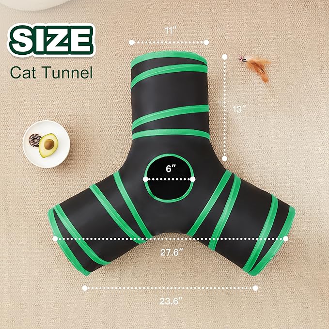 Love's cabin Cat Tunnels for Indoor Cats, Cat Tube Toys 3 Way Collapsible, Pet Play Tunnel with Peek Hole Toy Ball for Kitty, Kitten, Rabbit, Black&Green, Small Size (23.6"X13"X11")