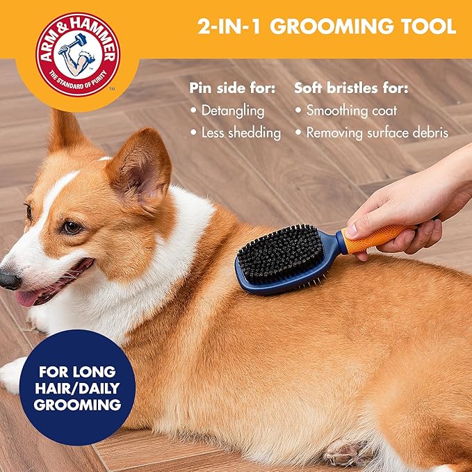 Arm & Hammer Deodorizing Pin & Bristle Dog Grooming Brush with Fragrance Transfer Technology – Scented 2-in-1 Dog Brush for Detangling & Shedding, Pet Brushes for Dogs, Sweet Apple & Rose Scent