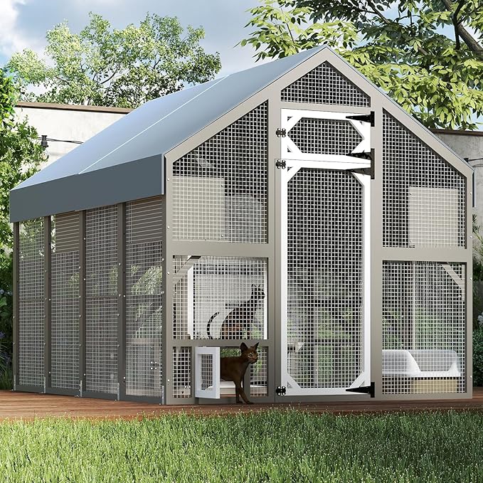 PetsCosset 71" H Catio Outdoor Cat Enclosure for Multiple Cats Large Wooden Walk in Cats House Outside Weatherproof Roof,Attached to House's Window,Cat's Door and Tunnel