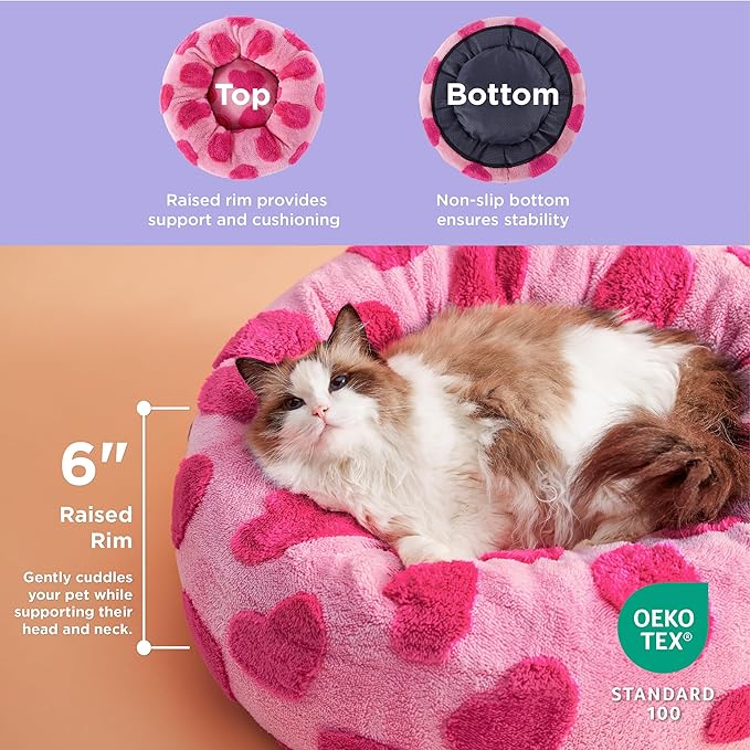 LE SURE Donut Small Dog Bed - Round Cat Beds Indoor Anti-Anxiety Calming Gift for Pets, Washable Cute Modern Beds with Jacquard Shaggy Plush & Anti Slip Bottom, 20 Inch, Heart Pink