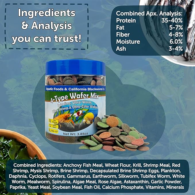 Aquatic Foods Inc. 4-Type 12mm - 1/2" Sinking Wafer Mix of Spirulina-Algae, Ultra-Worm, Shrimp, Color Enhancing for Shrimp, Snails, Crayfish, Bottom Fish, 12-Type Pellets Included...11.5oz Canister