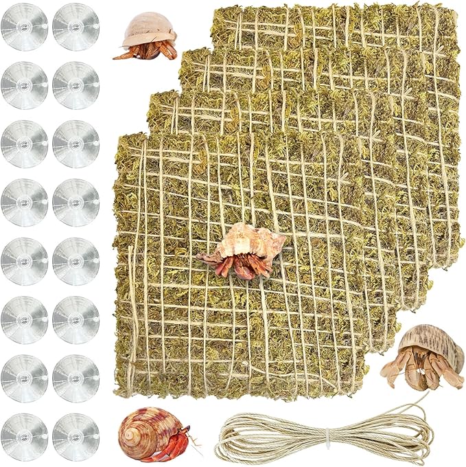 4 PCS Hermit Crab Climbing Wall 6 Inch Natural Moss Climbing Toy Reptile Decor with Suction Cups & Hemp Rope Hermit Crab Supplies for 10 Gallon Hermit Crab Tank