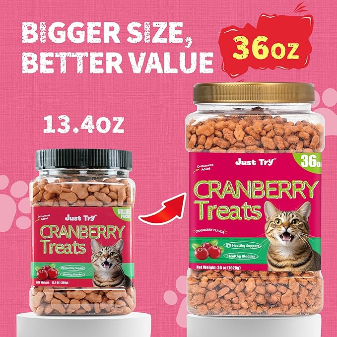 Just Try 36 OZ Urinary Tract Cat Treats for Indoor Cats Health Supplement Cranberry & D-Mannose for Kidney Bladder UT Support Salmon Flavor Crunchy Chews Cat Loves