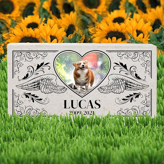 Personalized Pet Memorial with Keepsake Photo on Limestone - Headstones, Garden Stones, and Grave Markers for Dogs - Dog Memorial Stone, Pet Memorial Gifts - 12”x 6”x1.25" (B. Lucas Design)