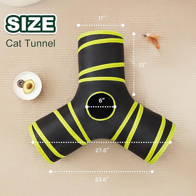 Love's cabin Cat Tunnels for Indoor Cats, Cat Tube Toys 3 Way Collapsible, Pet Play Tunnel with Peek Hole Toy Ball for Kitty, Kitten, Rabbit, Black&Yellow, Small Size (23.6"X13"X11")