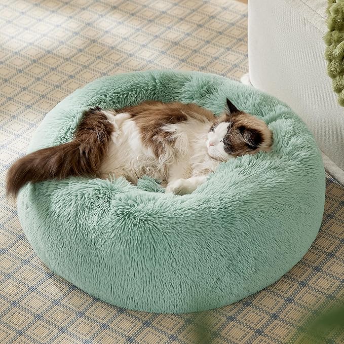 Bedsure Calming Cat Beds for Indoor Cats - Small Cat Bed Washable 20 inches, Anti-Slip Round Fluffy Plush Faux Fur Pet Bed, Fits up to 15 lbs Pets, Garden Green