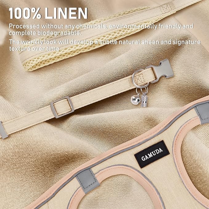 GAMUDA Small Pet Harness Collar and Leash Set, Step in No Chock No Pull Linen Fabric Soft Mesh Dog Vest Harnesses Reflective for Dogs Puppy Cats Kitten Rabbit (Khaki, XL)