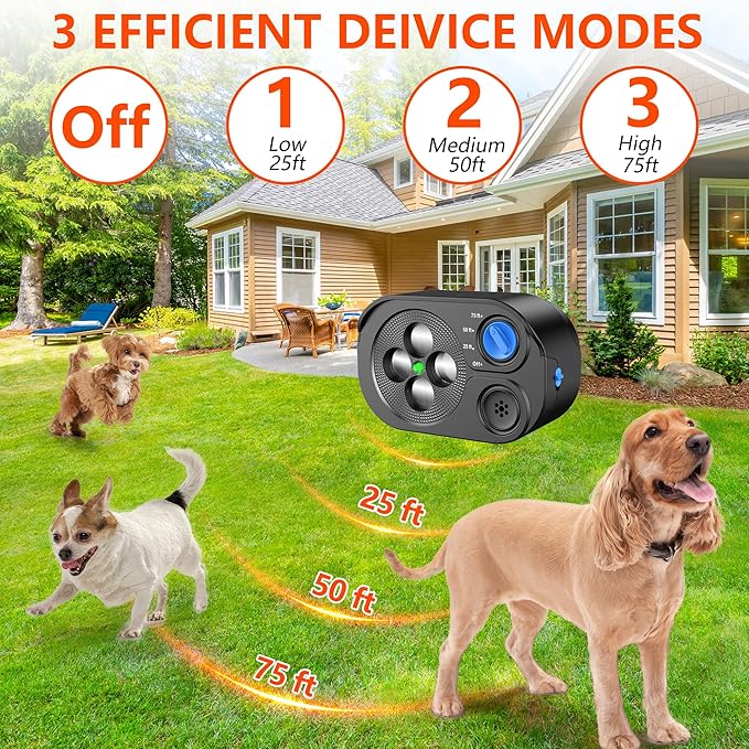 2025 New Anti Barking Device for Dogs, Bark Box Rechargeable Dog Barking Deterrent with Variable Ultra Frequency/6 Modes/IP65 Waterproof Dog Silencer Stop Neighbors‘ Dog from Barking Up to 75ft(Black)