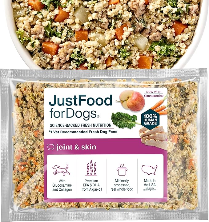 JustFoodForDogs Frozen Fresh Dog Food for Sensitive Skin & Allergies, Joint Health, Complete Meal or Topper, Joint & Skin Support Human Grade Dog Food Recipe, 72 oz (Pack of 7)