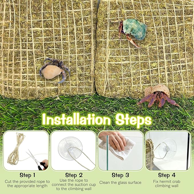 4 PCS Hermit Crab Climbing Wall 6 Inch Natural Moss Climbing Toy Reptile Decor with Suction Cups & Hemp Rope Hermit Crab Supplies for 10 Gallon Hermit Crab Tank