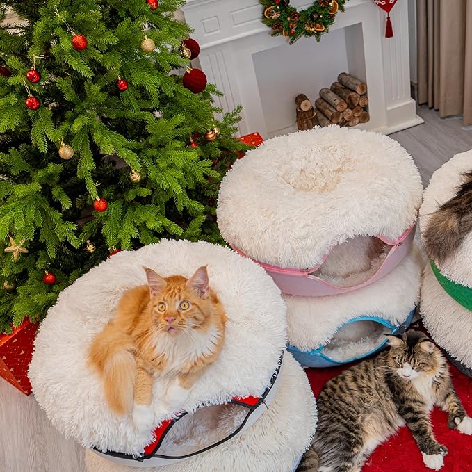CATTASAURUS Peekaboo Cat Cave for Multiple & Large Cats Up to 30-45 Lbs, Fluffy Cat Beds for Indoor Cats, Scratch Detachable & Washable Tunnel Bed, Comfy Donut Cave (Blue, Large (Calming))