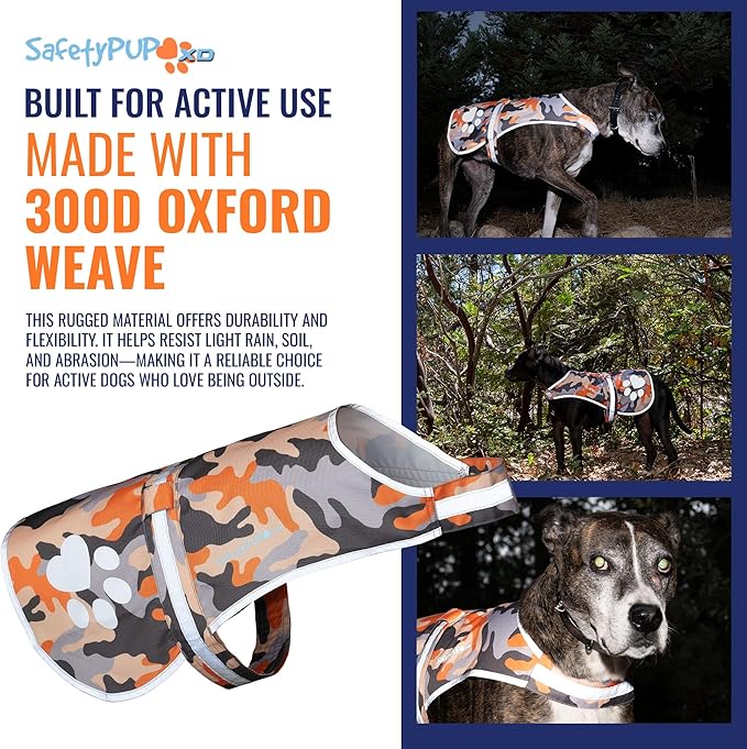 SafetyPUP XD Dog Reflective Vest – Hi-Vis Fluorescent Visibility That Helps to Safeguard Your Pet On/Off Leash in Urban & Rural Areas (Camo, X-Large)