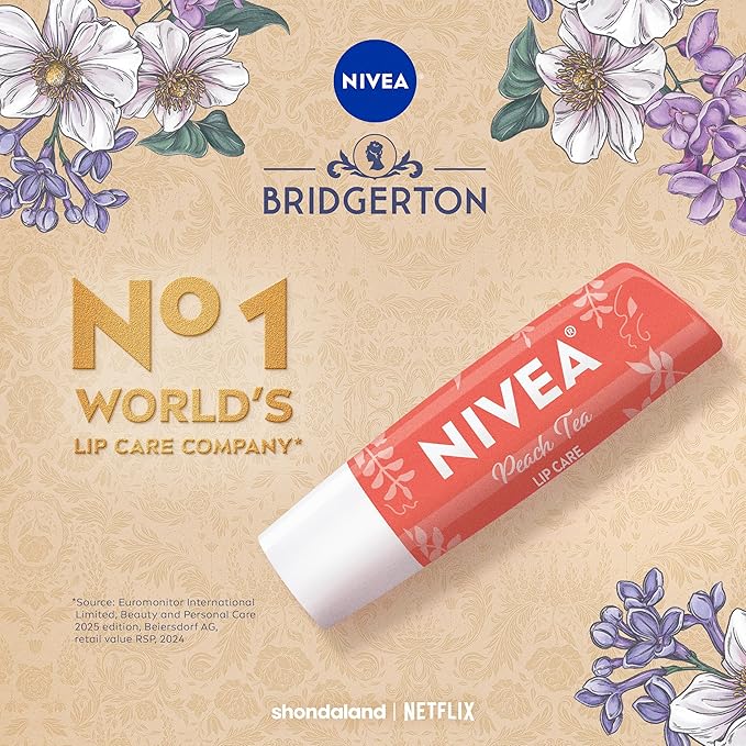 NIVEA Peach Tea Lip Balm, Nourishing Lip Care, Bridgerton Limited Edition Tinted Lip Balm with Peach Flavor and Shea Butter, 3-in-1 Moisture, Repair and Color, 0.17 Oz Stick