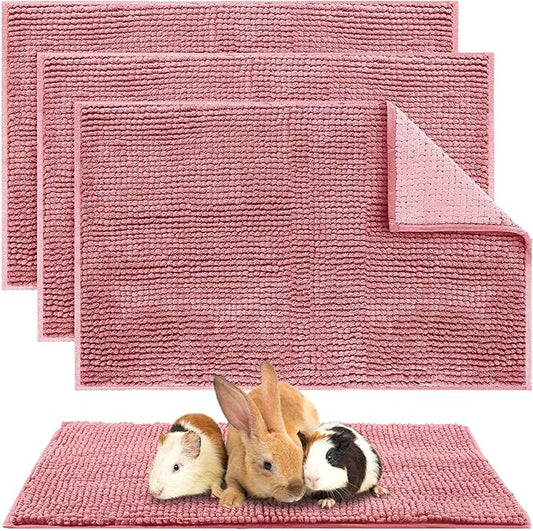 Amylove 4 Pcs Guinea Pig Cage Liner Guinea Pig Bedding Dog Door Mat for Muddy Pet Paws Washable Chenille Pee Pads Small Animal Sleeping Bed for Bunny Hamster(16 x 24 Inch,Rectangular,Pink)