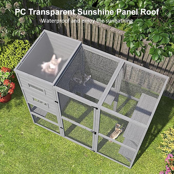 Catio Indoor Cat Enclosure, 4-Tier Large Cat Catio with Window Access, Indoor Catio Enclosure for Multiple Cats with Weatherproof Roof, 3 Resting Rooms, 3 Platforms & 2 Large Doors, Grey