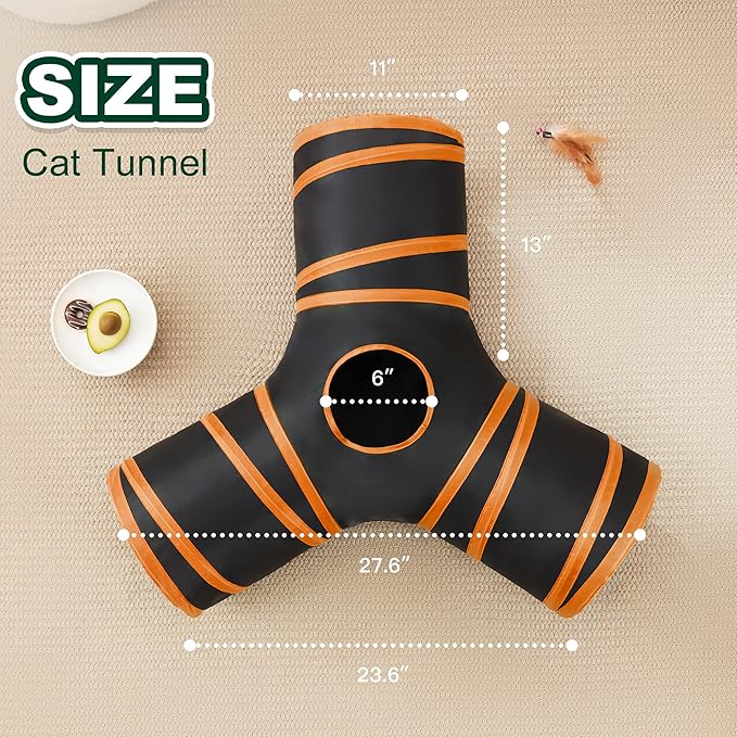 Love's cabin Cat Tunnels for Indoor Cats, Cat Tube Toys 3 Way Collapsible, Pet Play Tunnel with Peek Hole Toy Ball for Kitty, Kitten, Rabbit, Black&Orange, Small Size (23.6"X13"X11")