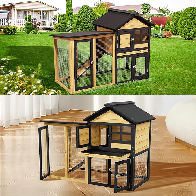 Premium Chicken Coop Bunny Cage for Outdoor Indoor, 2-Story Rabbit Hutch for Guinea Pigs, Wooden Chicken Cage with Deep Pull-Out Tray, Waterproof Poultry Hutch for Outside (Yellow Black)
