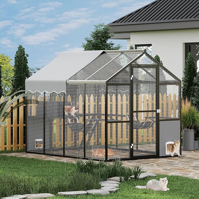 Aluminum Extra Large Outdoor Catio Enclosure for Multiple Cats with Upgrade Window – Walk-in Cat Run with Channels, Side Door, UV-Proof Cover & Platform