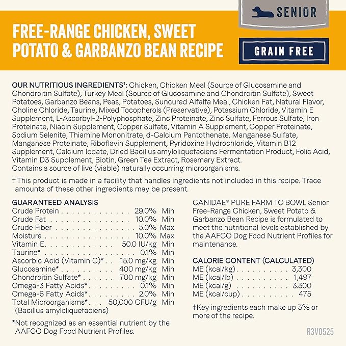 Canidae Pure Farm to Bowl Free-Range Chicken, Sweet Potato & Garbanzo Bean Grain-Free Senior Dog Food, Adult 22lb