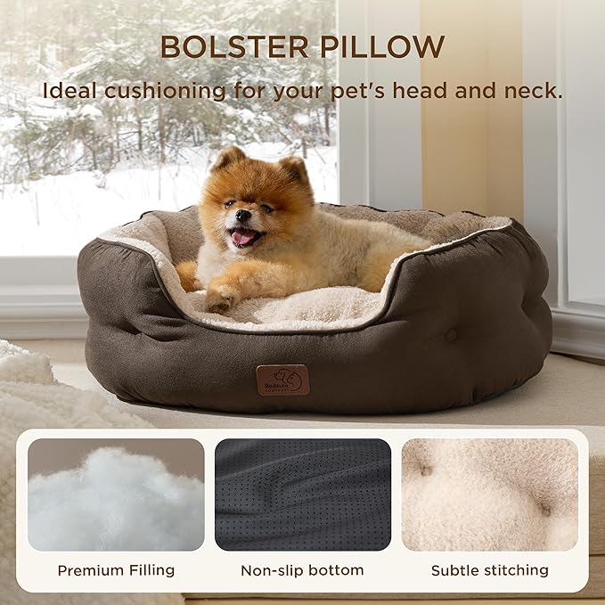 Bedsure Self Warming Dog Beds for Small Dogs - Round Medium Cat Beds for Indoor Cats, Washable Pet Bed for Puppy and Kitten with Slip-Resistant Bottom, 25 Inches, Self Warming Brown, Non-Electric
