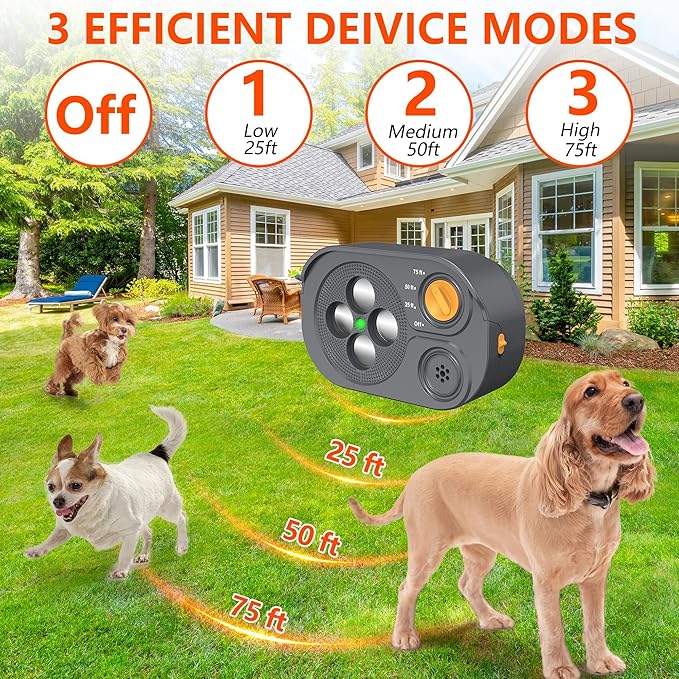 2025 New Anti Barking Device for Dogs, Bark Box Rechargeable Dog Bark Deterrent with Variable Ultra Frequency/6 Modes/IP65 Waterproof Dog Silencer Stop Neighbors‘ Dogs from Barking Up to 75ft(Grey)