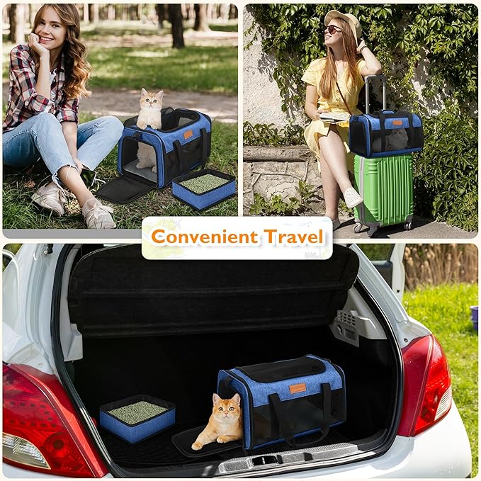 PETUX Airline Approved Cat Carrier or Small Cat up to 12 lb - 17"x11"x9.5", TSA, Underseat, Top & Side Entry Pet Carrier with Breathable Anti-Scratch Mesh & Litter Box for Travel and Vet Visit - Blue