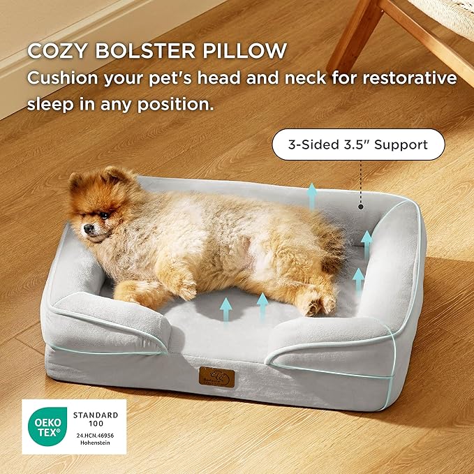 Bedsure Orthopedic Dog Beds for Small Dogs - Washable Small Dog Cat Bed Waterproof, Comfort Pet Couch Sofa with Washable Removable Cover, Pets Bed with Nonskid Bottom, Light Grey, 24"