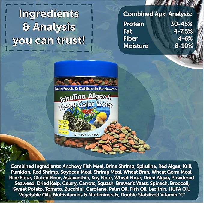 Aquatic Foods Inc. 8mm - 1/3" Small Sinking Wafers of Spirulina, Algae & Color Enhancing Wafers for Bottom Fish, Shrimp, Snails & Tropicals. With 4-Type Wafer & 12-Type Pellet Mix ...1-lb 5oz Canister