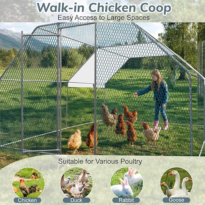 VINGLI Chicken Coop, 13.1x9.8x6.5 ft Large Metal Poultry Cage for Chicken Run, Walk-in Chicken Pen with Waterproof & Anti-UV Cover for Yard Outdoor (Silver-Flat Roof)