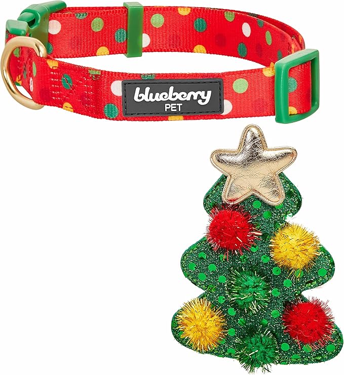 Blueberry Pet Festive Christmas Polka Dots Dog Collar with Bow, Medium Size, Adjustable 14.5"-20" Holiday Collar for Medium Dogs