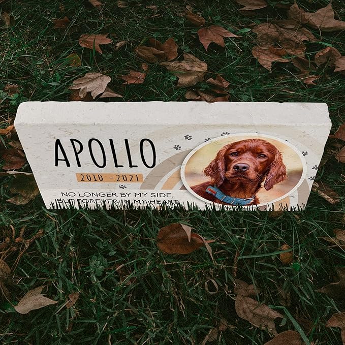 Personalized Pet Memorial with Keepsake Photo on Limestone - Headstones, Garden Stones, and Grave Markers for Dogs - Dog Memorial Stone, Pet Memorial Gifts - 12”x 6”x1.25" D (B. Apollo Design)