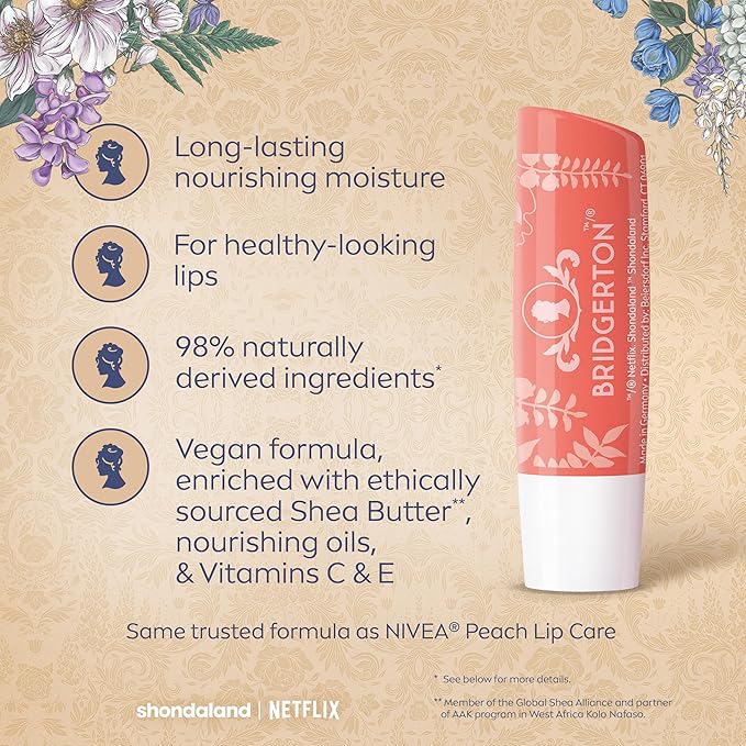 NIVEA Peach Tea Lip Balm, Nourishing Lip Care, Bridgerton Limited Edition Tinted Lip Balm with Peach Flavor and Shea Butter, 3-in-1 Moisture, Repair and Color, 0.17 Oz Stick