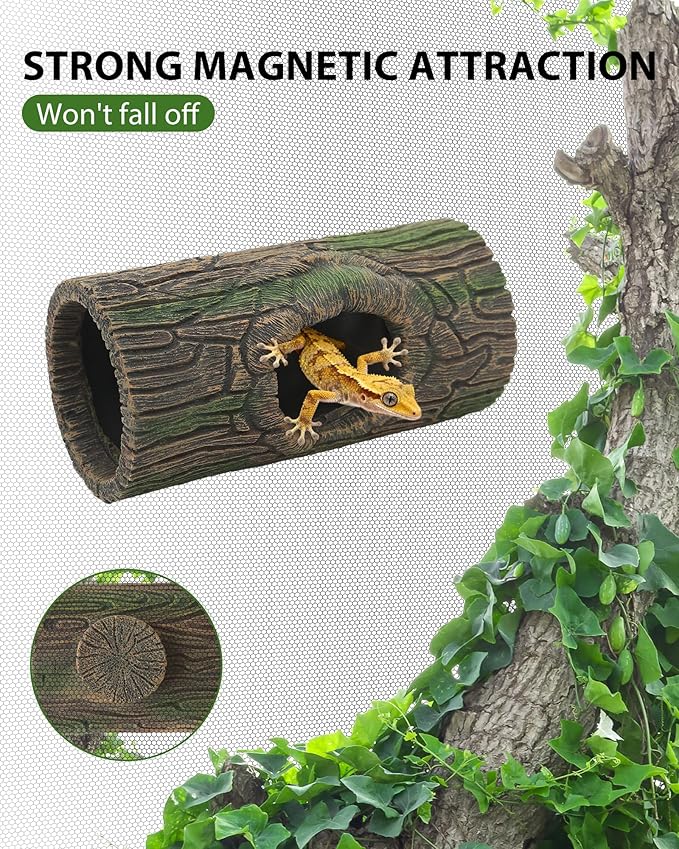 Magnetic Crested Gecko Hide - Resin Hollow Log Cave, Reptile Hide Cave, Reptile & Amphibian Habitat Hideouts, Terrarium Decor