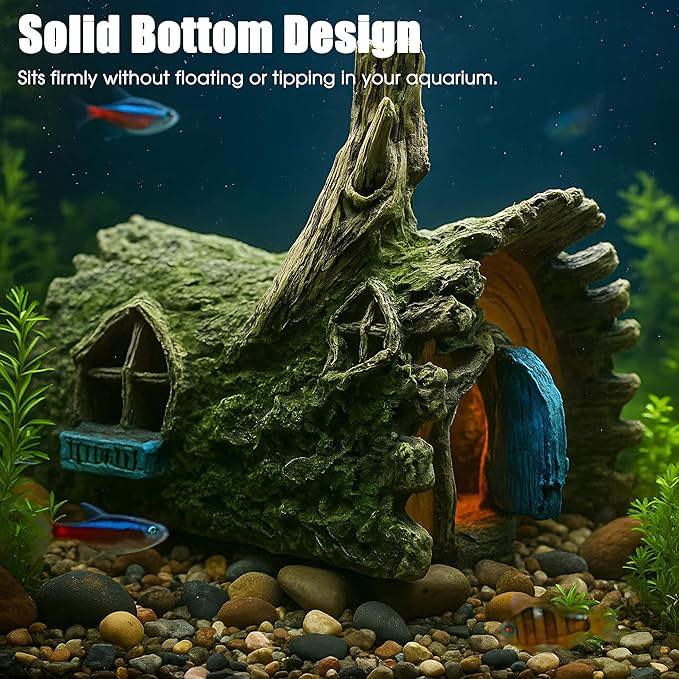 Aquarium Resin Decorations, Tree House Ornament-Tire Scene, Aquarium Decor for Glofish, Betta Accessories, Turtle Hideouts, Aquarium Plants, Ornaments & Fish Tank Accessories (Tree house)