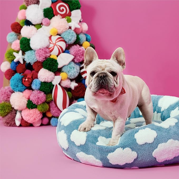 LE SURE Shown on TV Donut Dog Bed Medium Size Dog - Round Cat Beds Indoor as Christmas Bed Gift for Calming with Washable Cover, Cute Beds with Jacquard Shaggy Plush & Anti Slip Bottom, 30 Inch, Blue