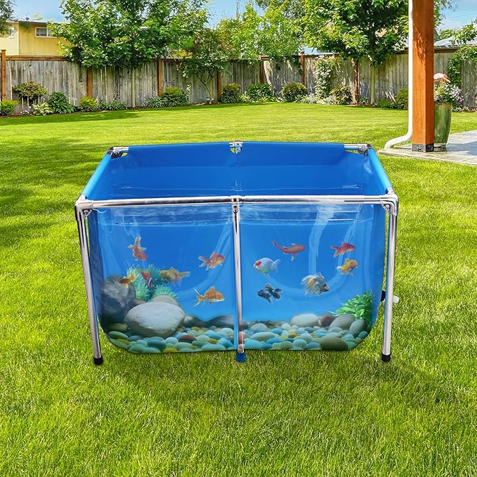 PVC Fish Pond,Above Ground Fish Tank,Goldfish/Koi Pond with Clear Viewing Panel, Outdoor Canvas Aquarium with Stainless Steel Frame & Drain Valve for Outside,39.4 * 23.6 * 23.6in,95 Gallon
