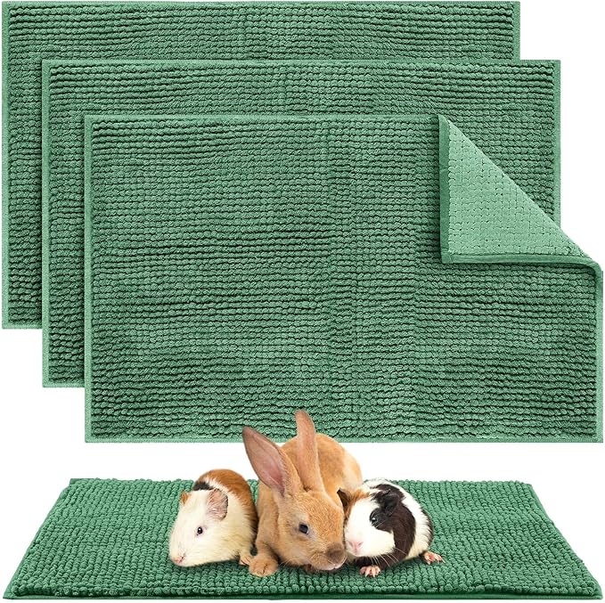 Amylove 4 Pcs Guinea Pig Cage Liner Guinea Pig Bedding Dog Door Mat for Muddy Pet Paws Washable Chenille Pee Pads Small Animal Sleeping Bed for Bunny Hamster(16 x 24 Inch,Rectangular,Dark Green)