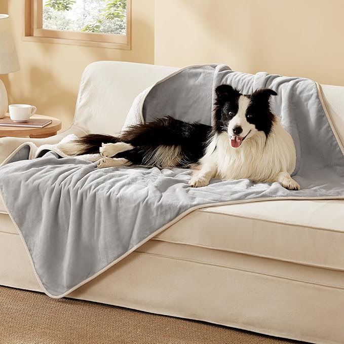Bedsure Waterproof Dog Blankets for Extra Large Dogs - XL Cat Blanket Washable for Couch Protection, Sherpa Fleece Puppy Blanket, Soft Plush Reversible Throw Furniture Protector, 50x60, Light Grey