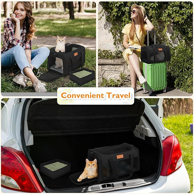 PETUX Airline Approved Cat Carrier or Small Cat up to 12 lb - 17"x11"x9.5", TSA, Underseat, Top & Side Entry Pet Carrier with Breathable Anti-Scratch Mesh & Litter Box for Travel and Vet Visit - Black