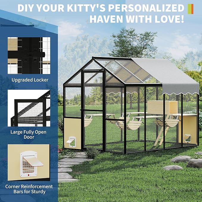 Aluminum Extra Large Outdoor Catio Enclosure for Multiple Cats – Walk-in Cat Run with Channels, Side Door, UV-Proof Cover & Platform