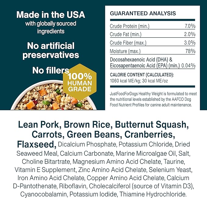 JustFoodForDogs Fresh Frozen Healthy Weight Management Dog Food, Fresh Pet Meals or Toppers for Dog Weight Control, Human Grade, Vet Recommended, High Fiber, Lean Pork, 18-oz Pouch, case of 14