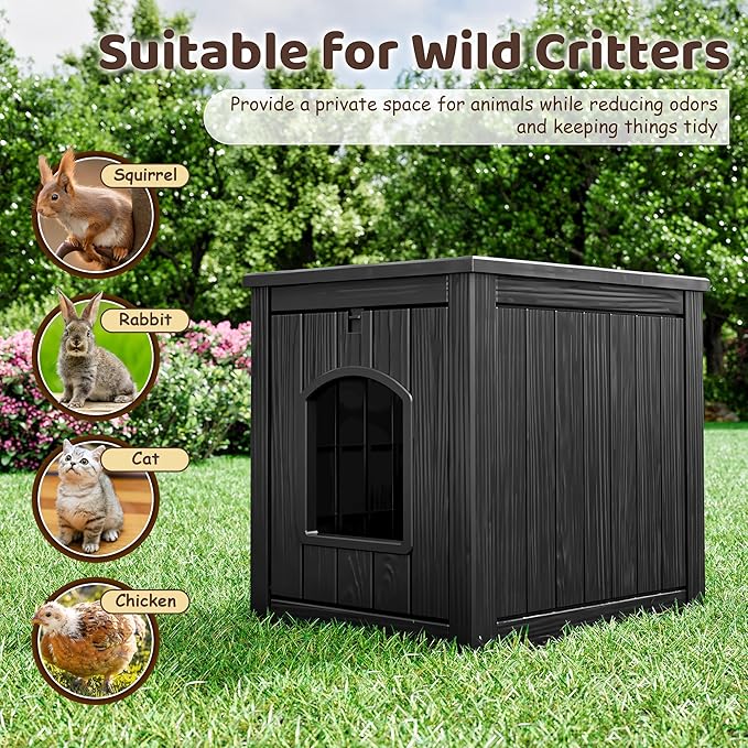 NUNU LAB Cat House for Indoor & Outdoor, Durable PP Plastic Cat Shelter with Easy Assembly & Cleaning, Cozy All-Season Pet House for Cats, Kittens & Small Pets (Black, Large)