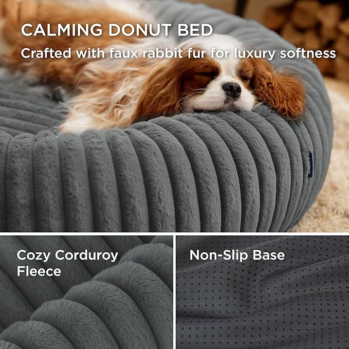 Bedsure Cat beds for Indoor Cats - Donut Dog Beds for Small Dogs with Corduroy Fleece & Anti Slip Bottom, Faux Fur Pet Beds with Washable Removable Cover, Warm Grey, 20x20x6 inches