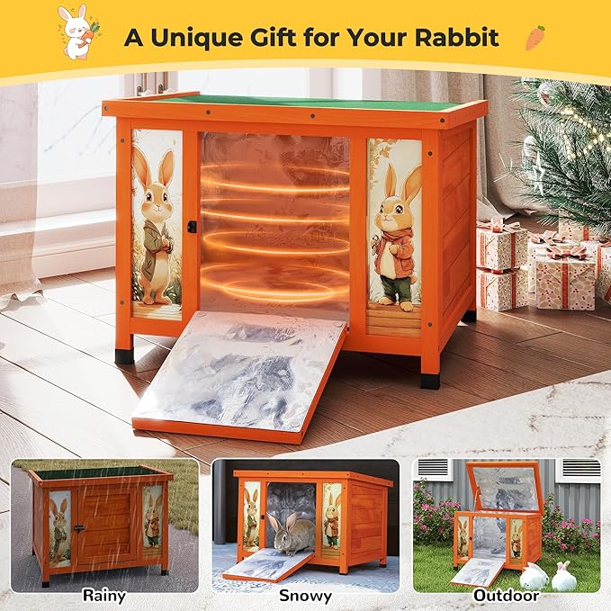 COZIWOW 25" Solid Wood Insulated Small Animal House, Heated Outdoor/Indoor Cat House Rabbit Cage with Warm Liner, Lightweight Pet Shelter with Colorful Prints for Cats, Rabbits (Orange, Winter Warm)