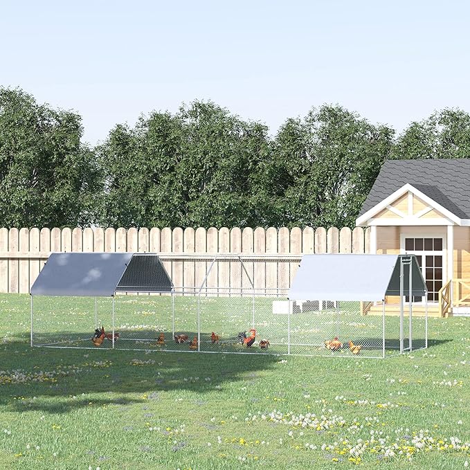PawHut Large Chicken Coop Metal Chicken Run with Waterproof and Anti-UV Cover, Flat Shaped Walk-in Fence Cage Hen House for Outdoor and Yard Farm Use, 1.3" Tube Diameter, 9' x 24' x 6.5'