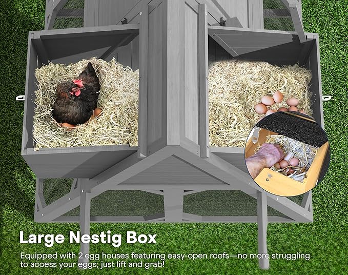 Chicken Coop for 4-8 Chickens, A-Frame Wooden Chicken Run, 95'' Outdoor Poultry Cage w/ 2 Nesting Box, Hen House w/Ventilating Wire, Waterproof Asphalt Roof, Gray